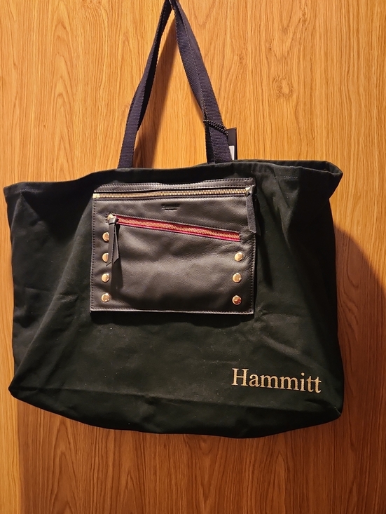 Hammitt Handbags - Hammitt Black Canvas Shopper Tote with Black Leather Pocket and Red Zip